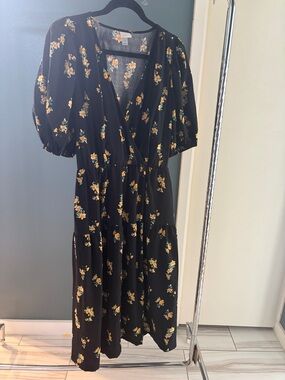 a new day Black Floral Wrap Midi Dress with Puff Sleeves